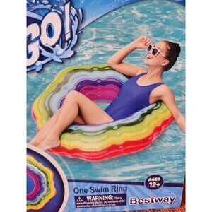 Rainbow Ribbon Tube Pool Float Inflatable Floating Ring Swim Toy Summer Fun NEW